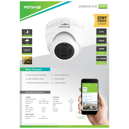 Amiko Home Kamera 2 MP, 1/2.8" SONY Starvis CMOS, HD Lens 2,8 mm - D20M230 AHD