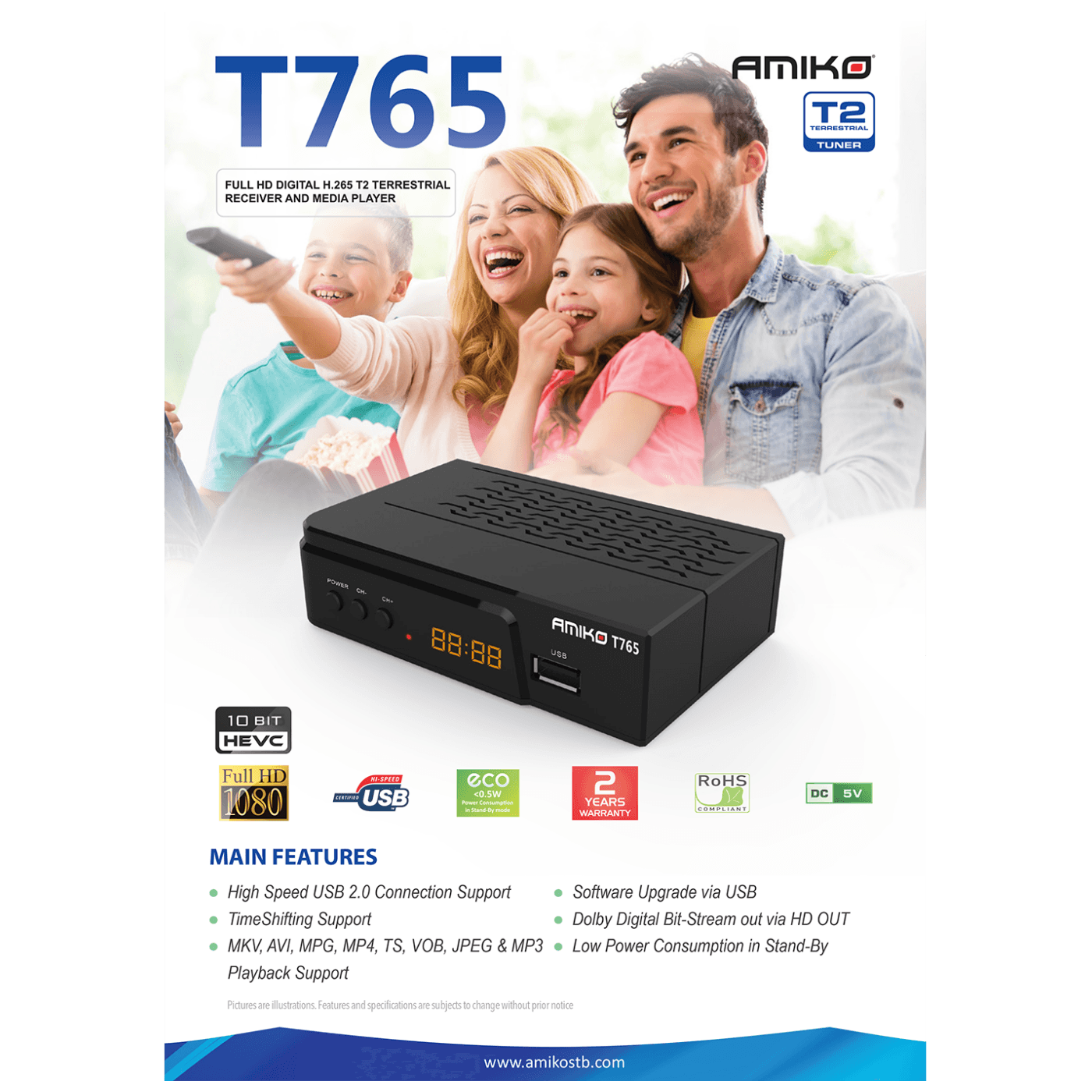 Amiko Prijemnik zemaljski, DVB-T2, H.265, Media Player,USB - T765