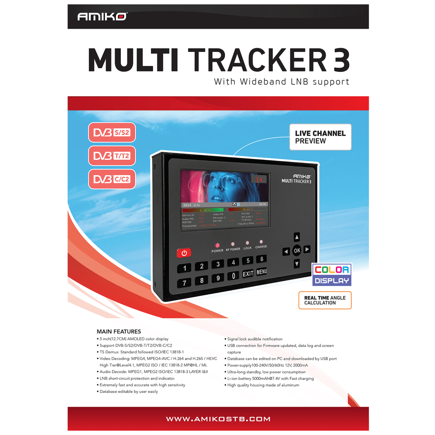 Amiko Mjerni instrument, DVB-S/S2/DVB-T/T2/DVB-C/C2,  AMOLED ekran - MULTITRACKER 3