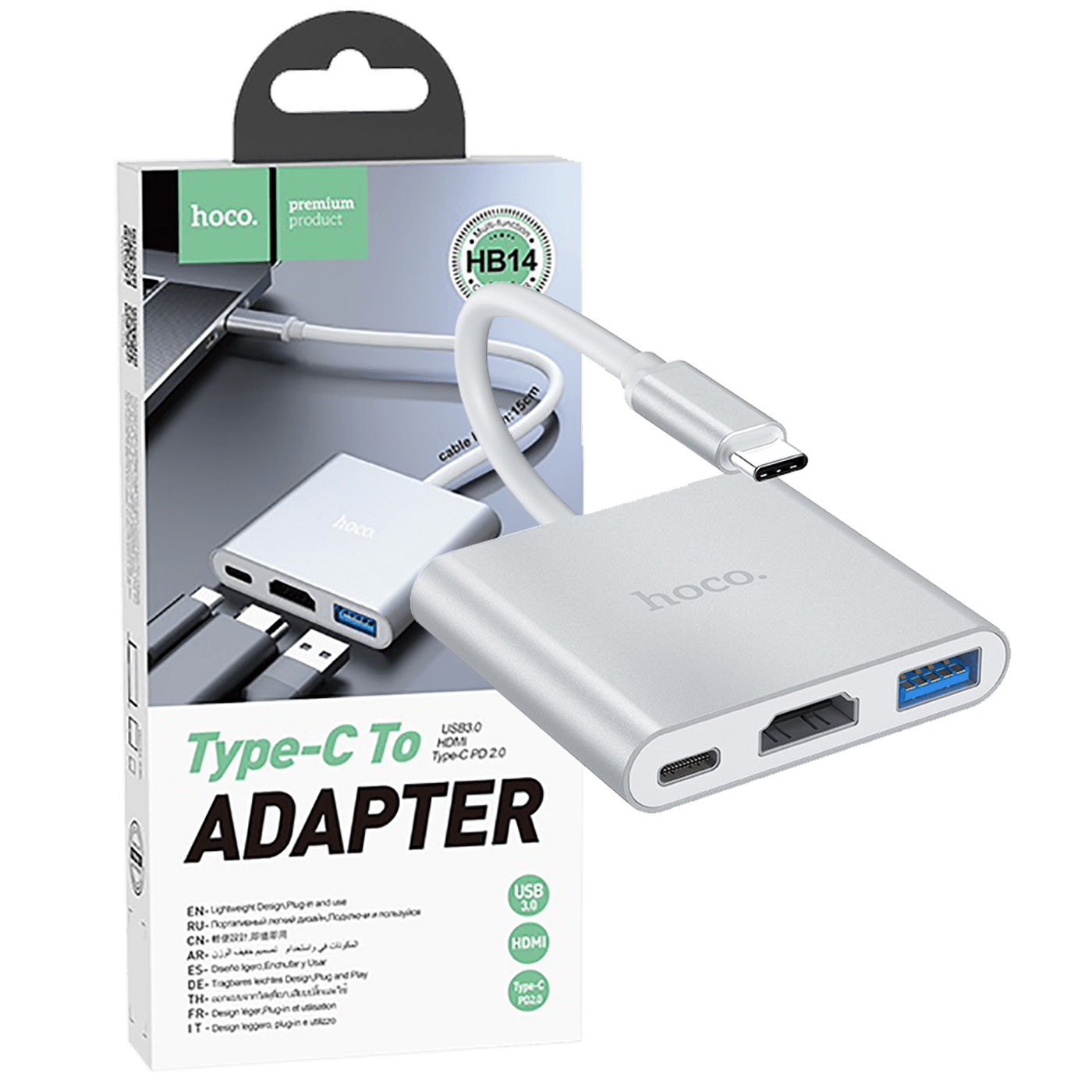 hoco. Konverter USB HUB type C to USB3.0/HDMI/PD - HB14 Easy use