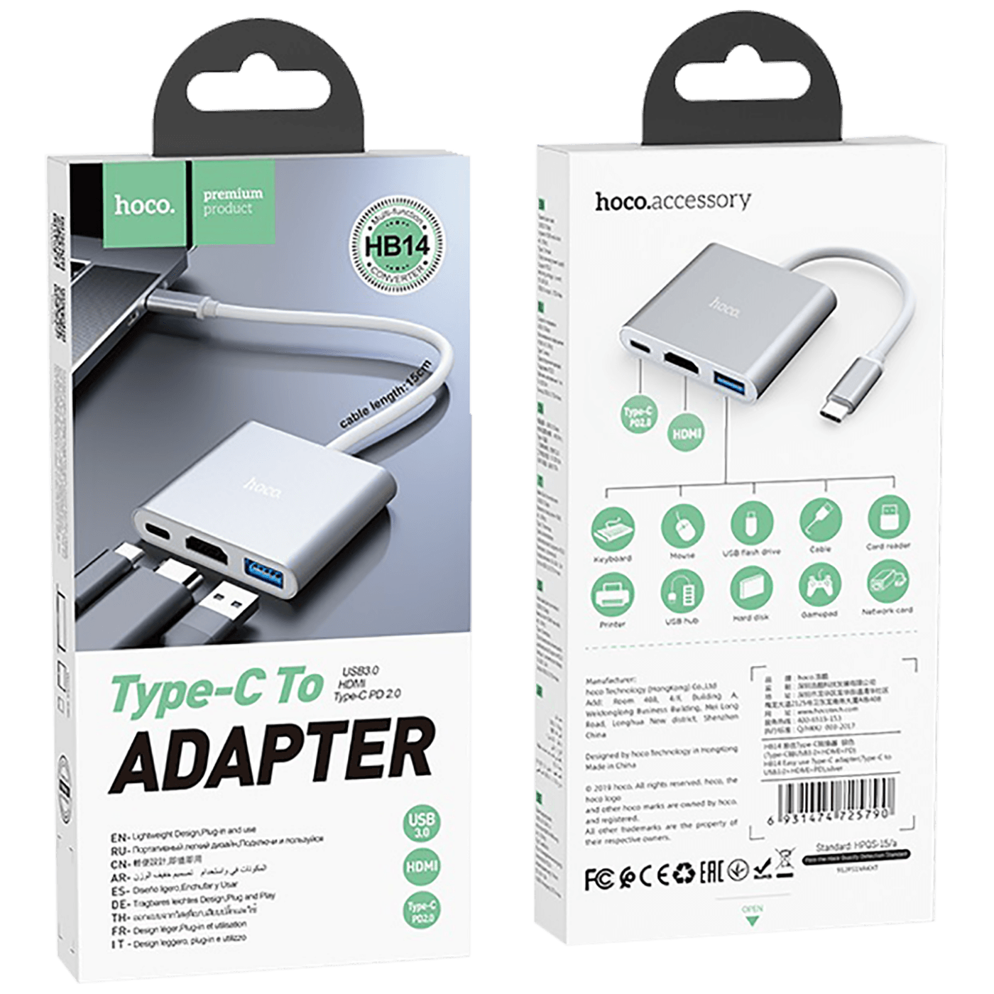 hoco. Konverter USB HUB type C to USB3.0/HDMI/PD - HB14 Easy use