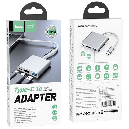 hoco. Konverter USB HUB type C to USB3.0/HDMI/PD - HB14 Easy use