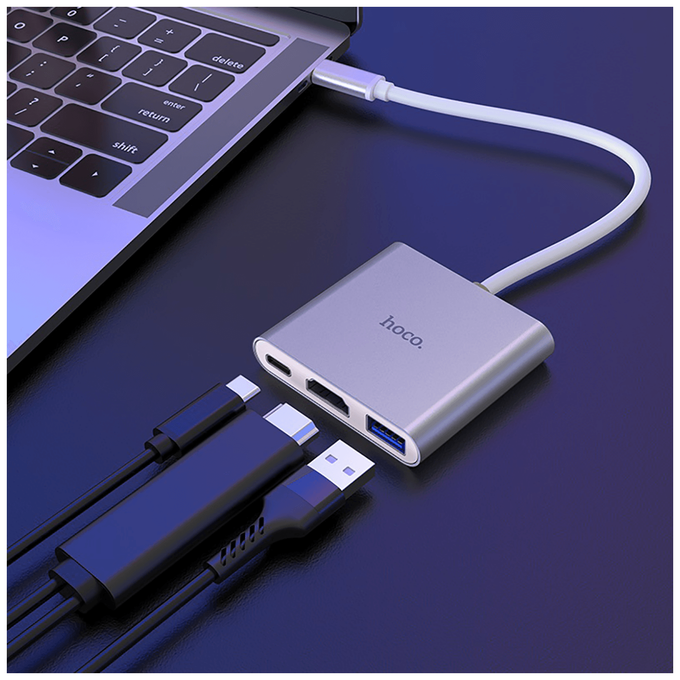 hoco. Konverter USB HUB type C to USB3.0/HDMI/PD - HB14 Easy use