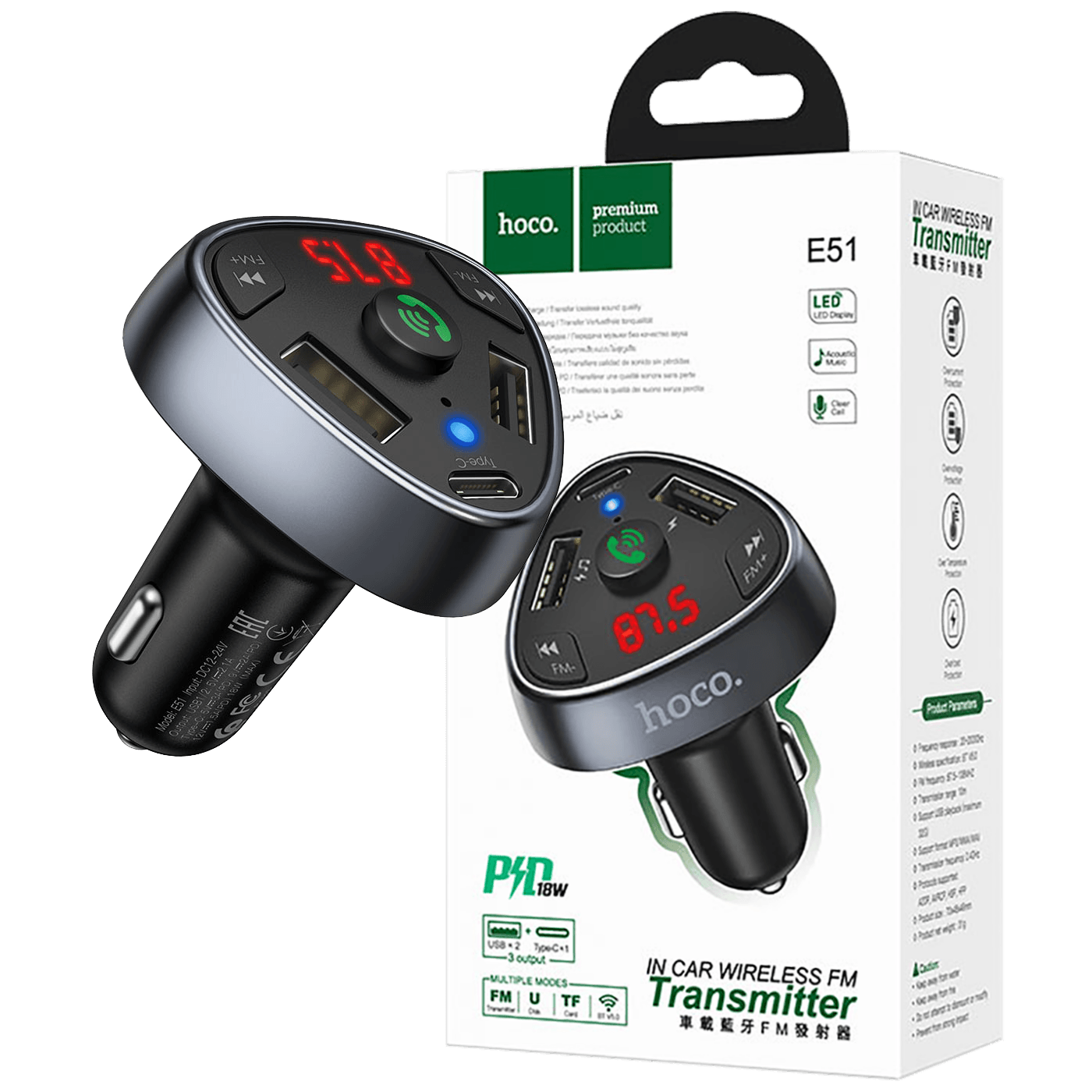 hoco. FM modulator, Bluetooth, 12/24 V, 2xUSB, 1xtype C, PD 18W - E51 Road treasure