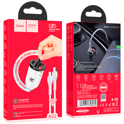 hoco. Auto punjač sa Lightning kabelom, PD + QC3.0, 2 x USB, 4.8 A - NZ2 Link, type C-Lightning, White