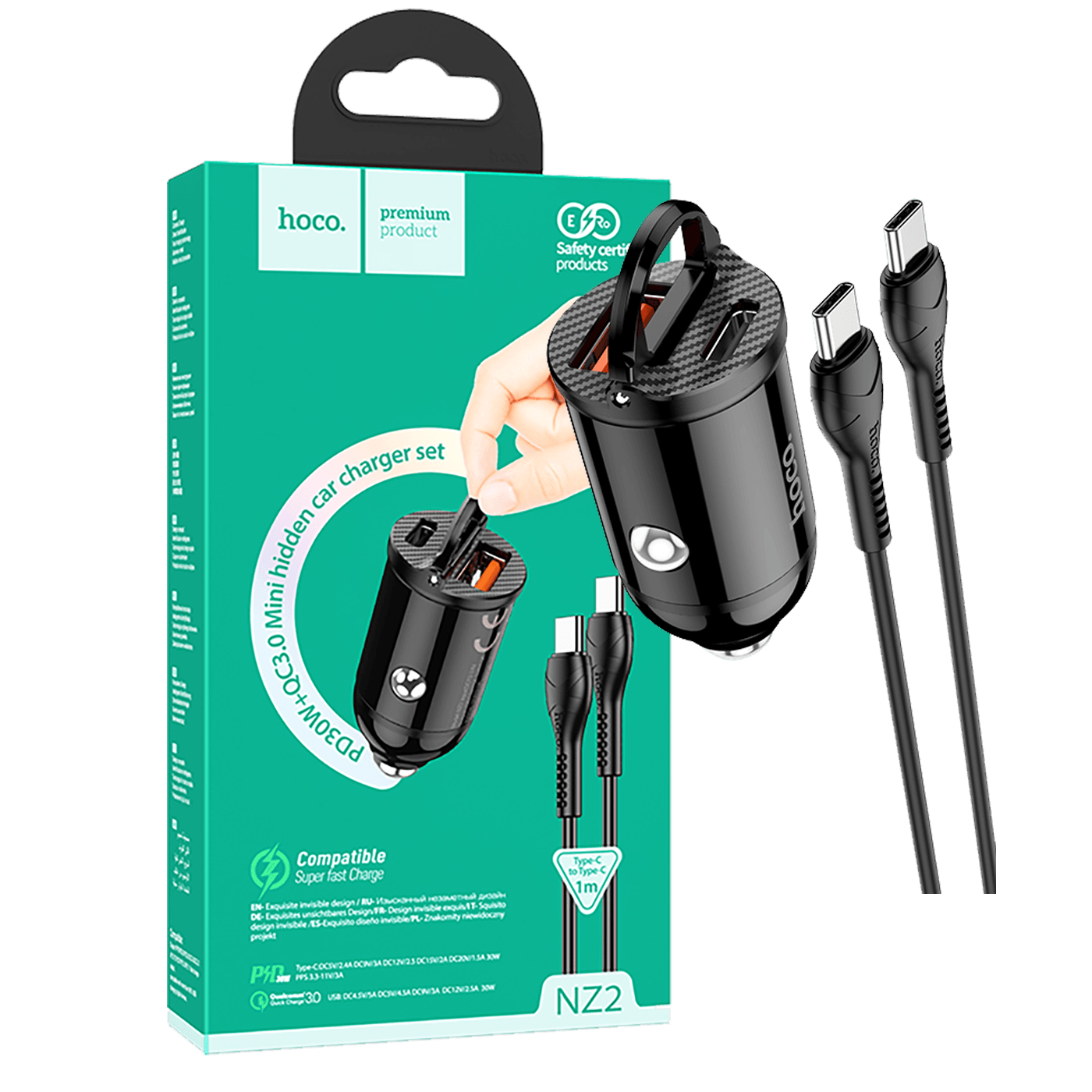 hoco. Auto punjač sa type C kabelom, PD + QC3.0, 2 x USB, 4.8 A - NZ2 Link, type C, Black