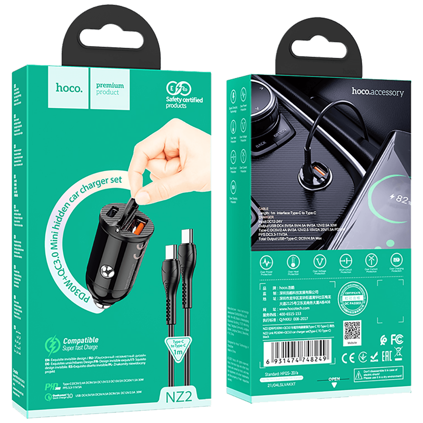 hoco. Auto punjač sa type C kabelom, PD + QC3.0, 2 x USB, 4.8 A - NZ2 Link, type C, Black