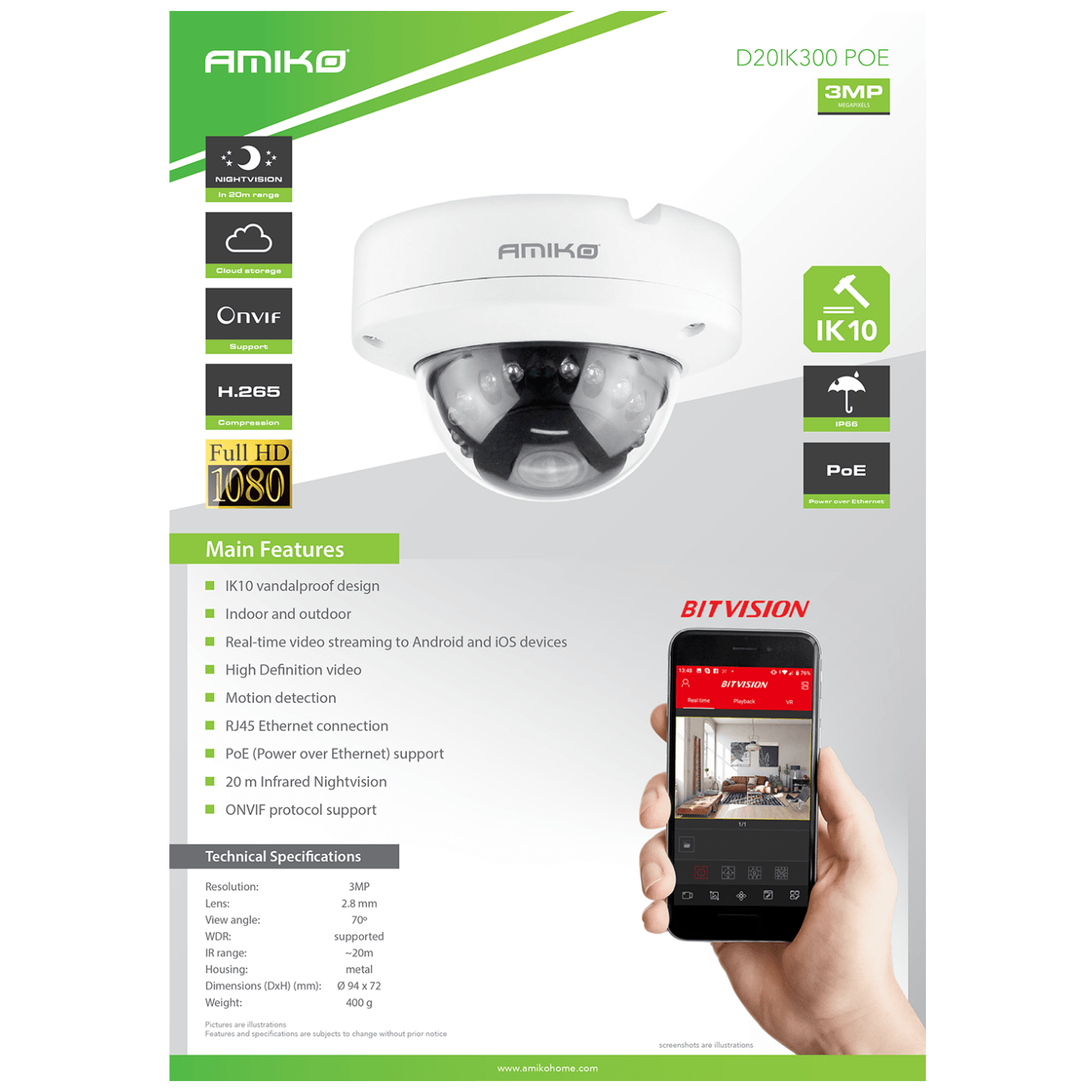 Amiko Home Kamera IP 3 MP, PoE, 1/2.8" CMOS, 2.8mm, IK10 - D20IK300 POE