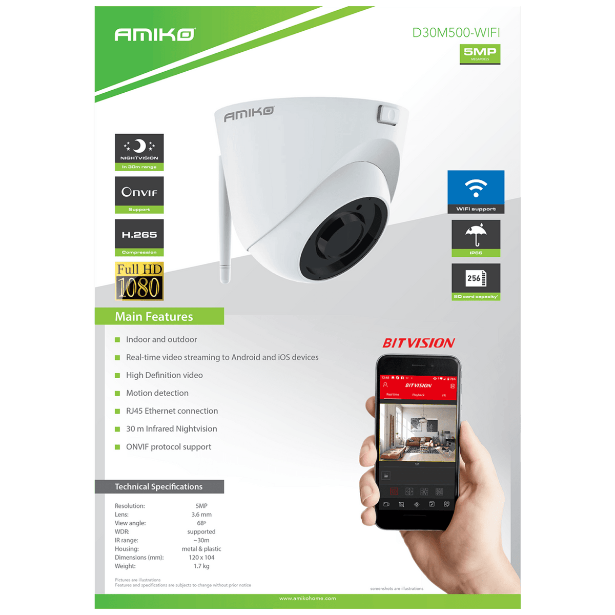 Amiko Home Kamera IP 5 MP, 1/2.5" Fulhan CMOS, 3.6mm, WiFi - D30M500 WIFI