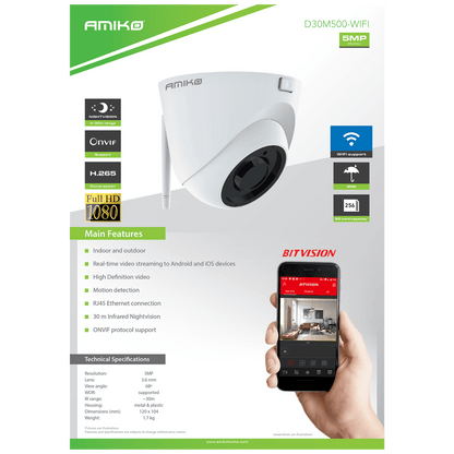 Amiko Home Kamera IP 5 MP, 1/2.5" Fulhan CMOS, 3.6mm, WiFi - D30M500 WIFI