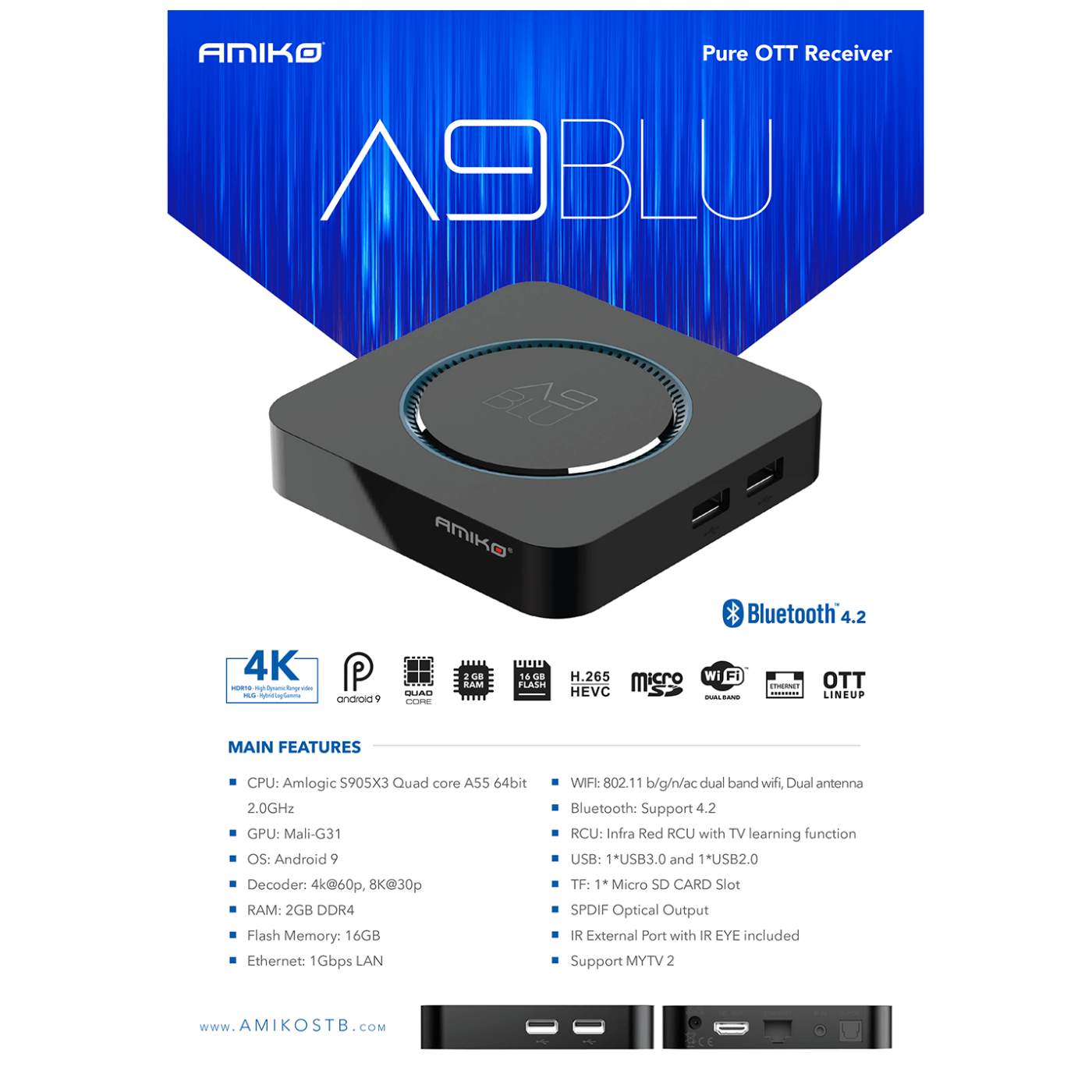 Amiko Prijemnik IPTV, Android OS, 2/16GB, 4K, WiFi, Bluetooth - A9 Blue