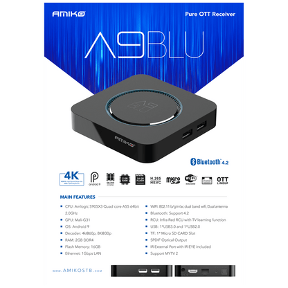 Amiko Prijemnik IPTV, Android OS, 2/16GB, 4K, WiFi, Bluetooth - A9 Blue