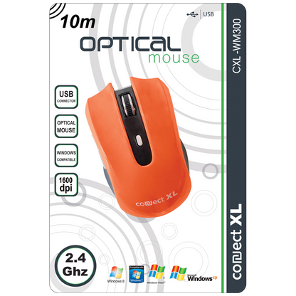 Connect XL Miš bežični,  1600dpi domet 10 met, narandžasta boja - CXL-WM300