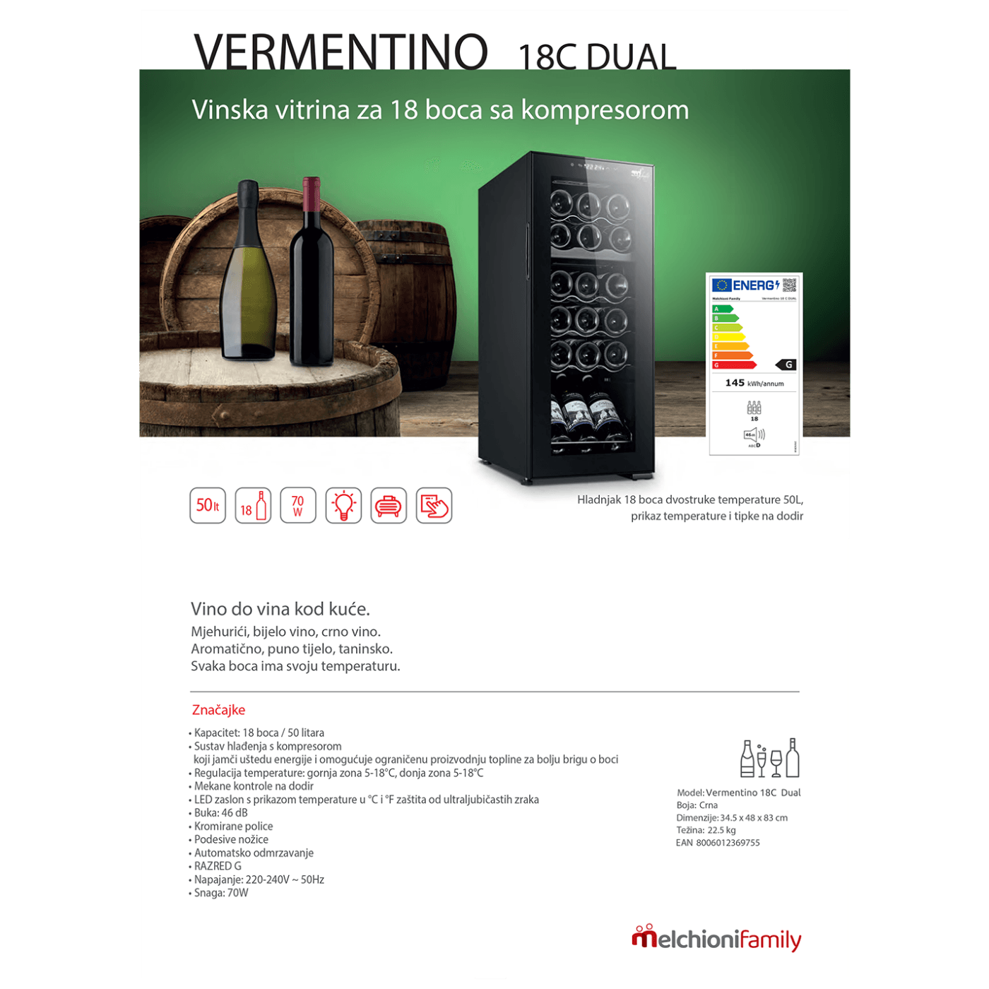 MELCHIONI family Rashladna vinska vitrina, zapremina 50 lit - VERMENTINO 18 C DUAL