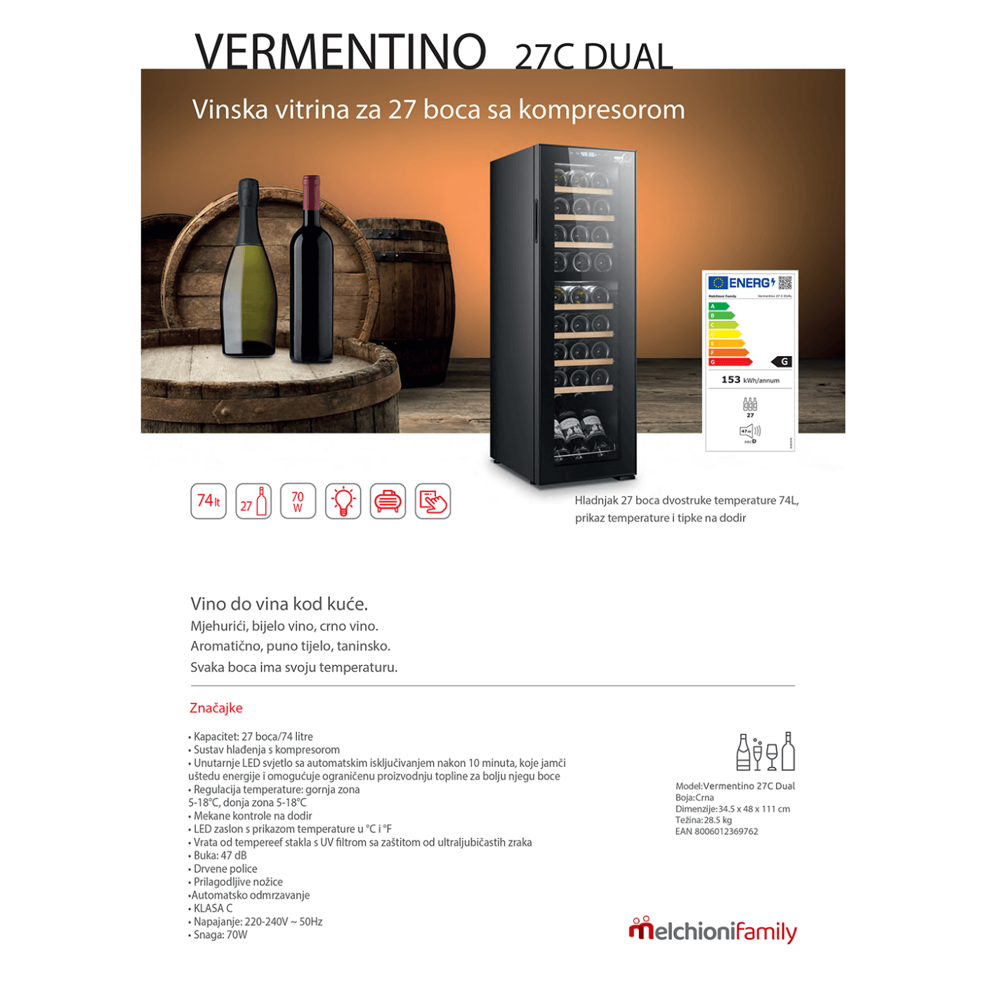 MELCHIONI family Rashladna vinska vitrina, zapremina 74 lit - VERMENTINO 27 C DUAL