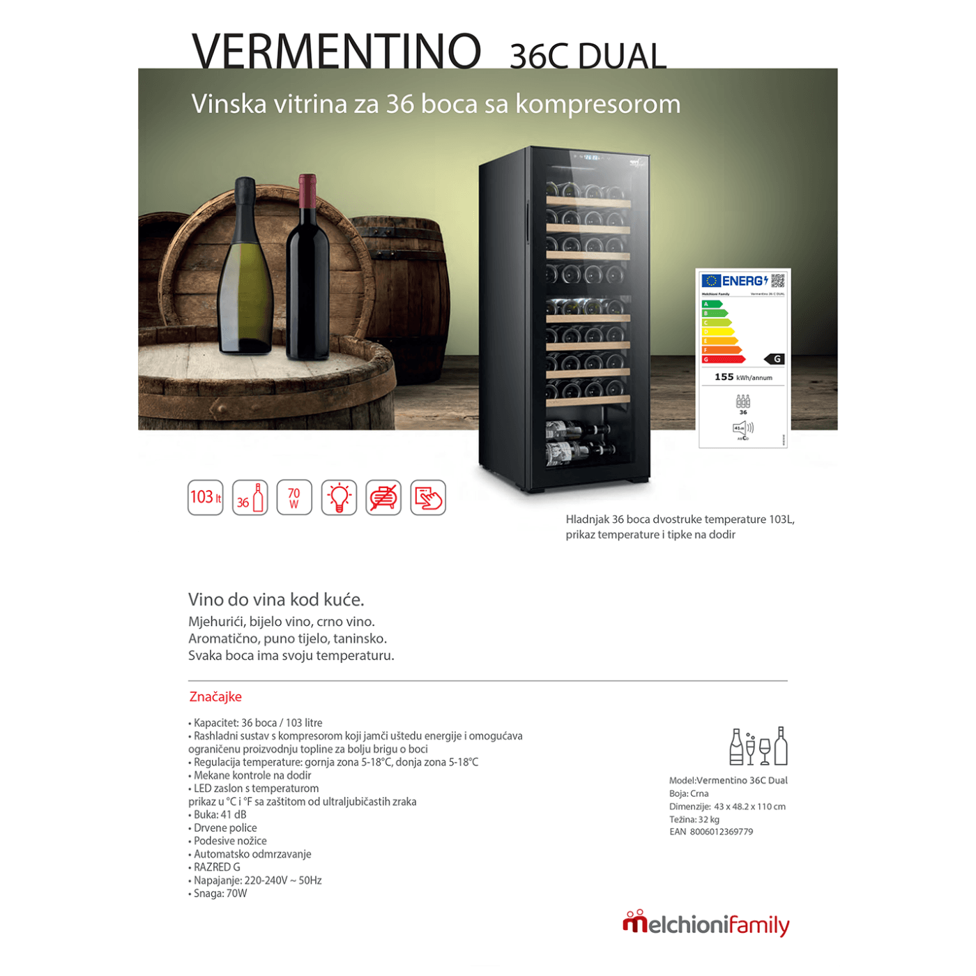 MELCHIONI family Rashladna vinska vitrina, zapremina 103 lit - VERMENTINO 36 C DUAL