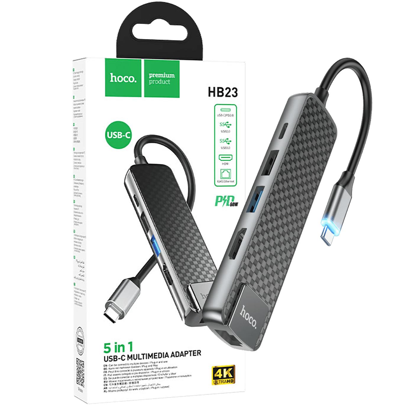 hoco. Konverter USB HUB type C to USB3.0/USB2.0/HDMI/RJ45/PD - HB23 Easy view