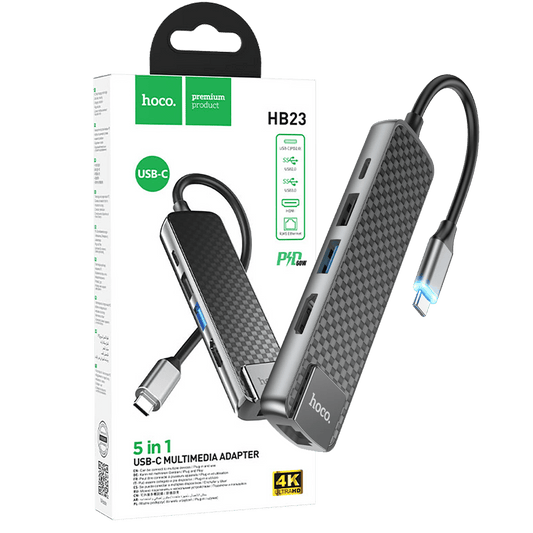 hoco. Konverter USB HUB type C to USB3.0/USB2.0/HDMI/RJ45/PD - HB23 Easy view