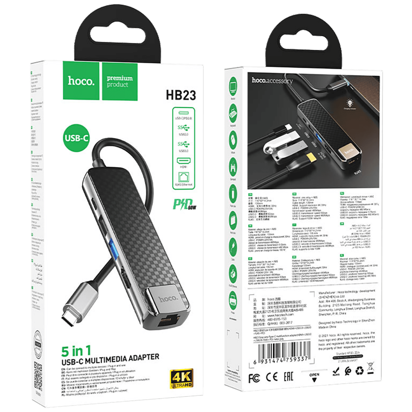 hoco. Konverter USB HUB type C to USB3.0/USB2.0/HDMI/RJ45/PD - HB23 Easy view