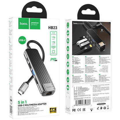 hoco. Konverter USB HUB type C to USB3.0/USB2.0/HDMI/RJ45/PD - HB23 Easy view