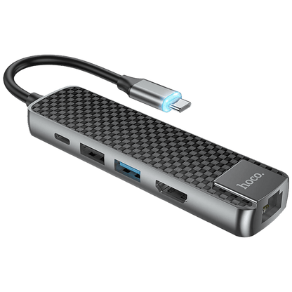 hoco. Konverter USB HUB type C to USB3.0/USB2.0/HDMI/RJ45/PD - HB23 Easy view