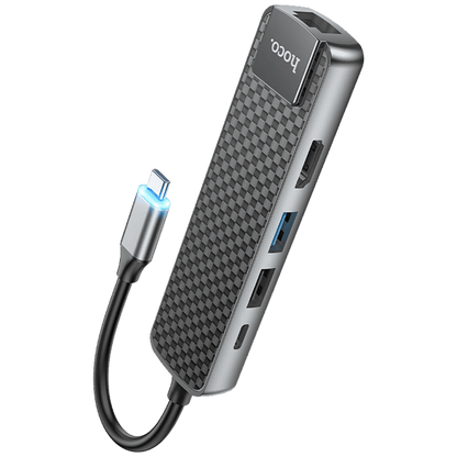 hoco. Konverter USB HUB type C to USB3.0/USB2.0/HDMI/RJ45/PD - HB23 Easy view