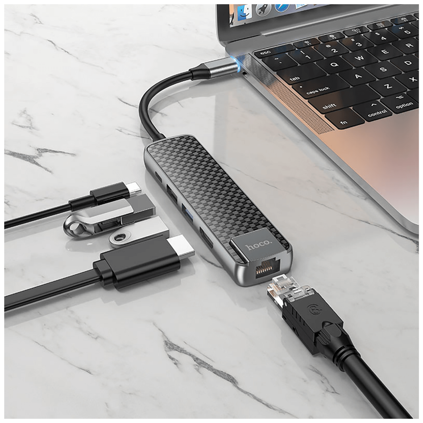 hoco. Konverter USB HUB type C to USB3.0/USB2.0/HDMI/RJ45/PD - HB23 Easy view