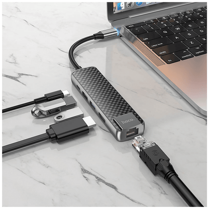 hoco. Konverter USB HUB type C to USB3.0/USB2.0/HDMI/RJ45/PD - HB23 Easy view