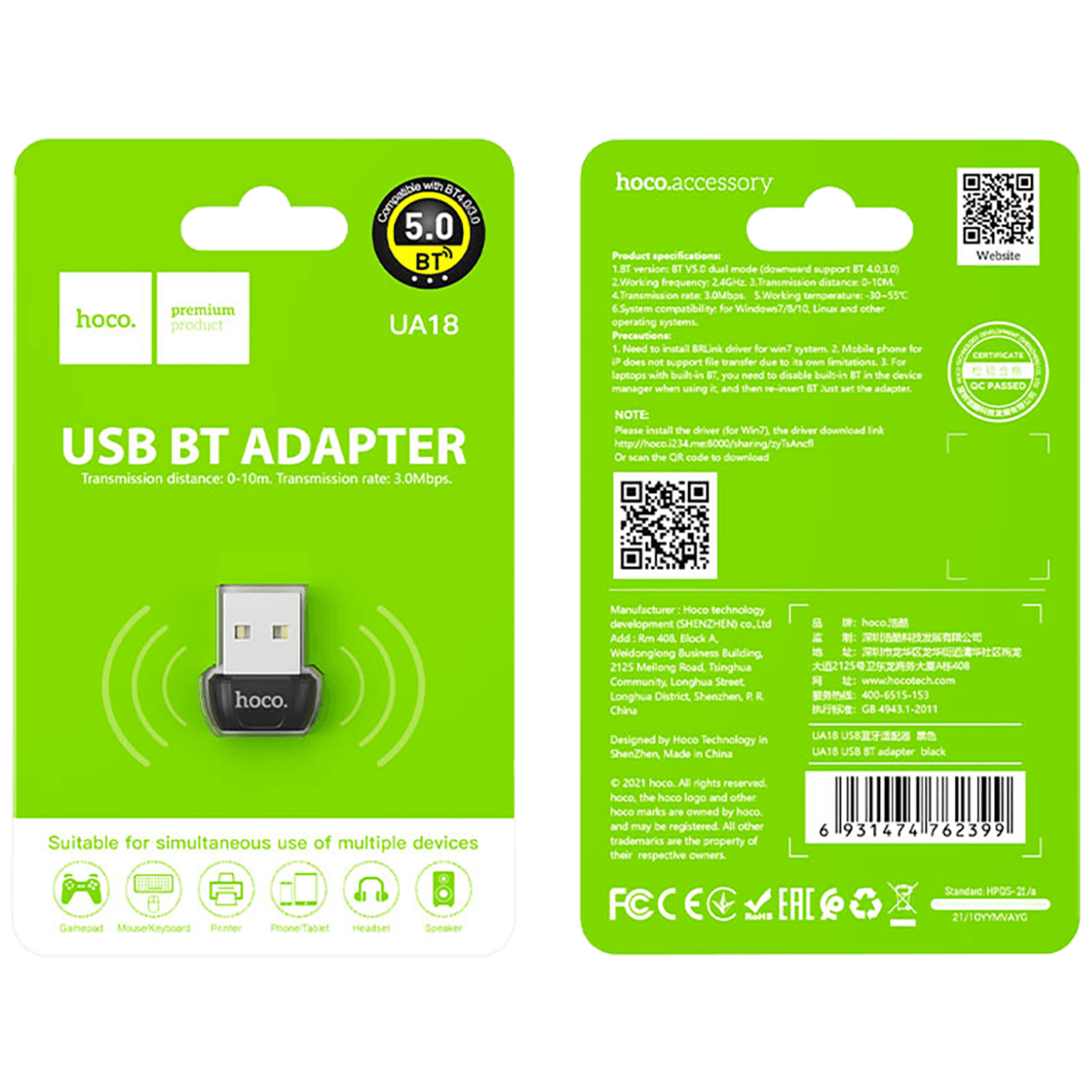 hoco. Adapter USB to Bluetooth v5.0, UA18