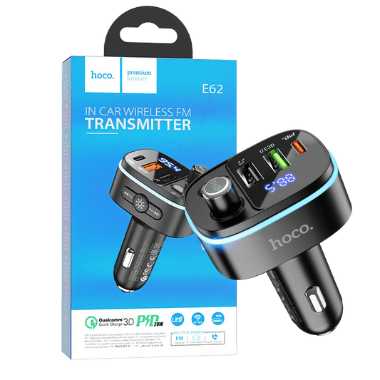 hoco. FM modulator, E62,Bluetooth,12/24 V,2xUSB, 1xUSB-C,PD20W - E62 Fast