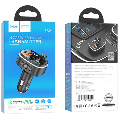 hoco. FM modulator, E62,Bluetooth,12/24 V,2xUSB, 1xUSB-C,PD20W - E62 Fast