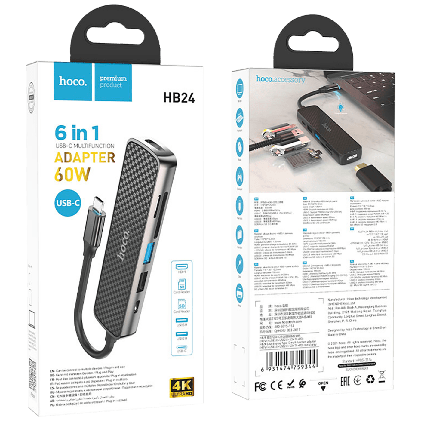 hoco. Konverter USB HUB type C to HDMI/USB3.0/USB2.0/SD/ TF/PD - HB24 Easy display