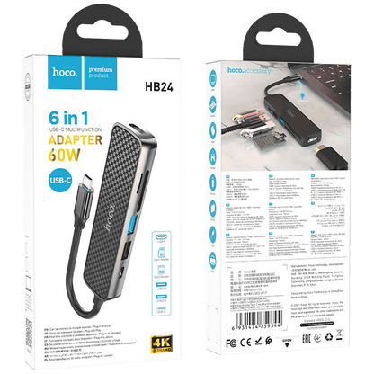 hoco. Konverter USB HUB type C to HDMI/USB3.0/USB2.0/SD/ TF/PD - HB24 Easy display