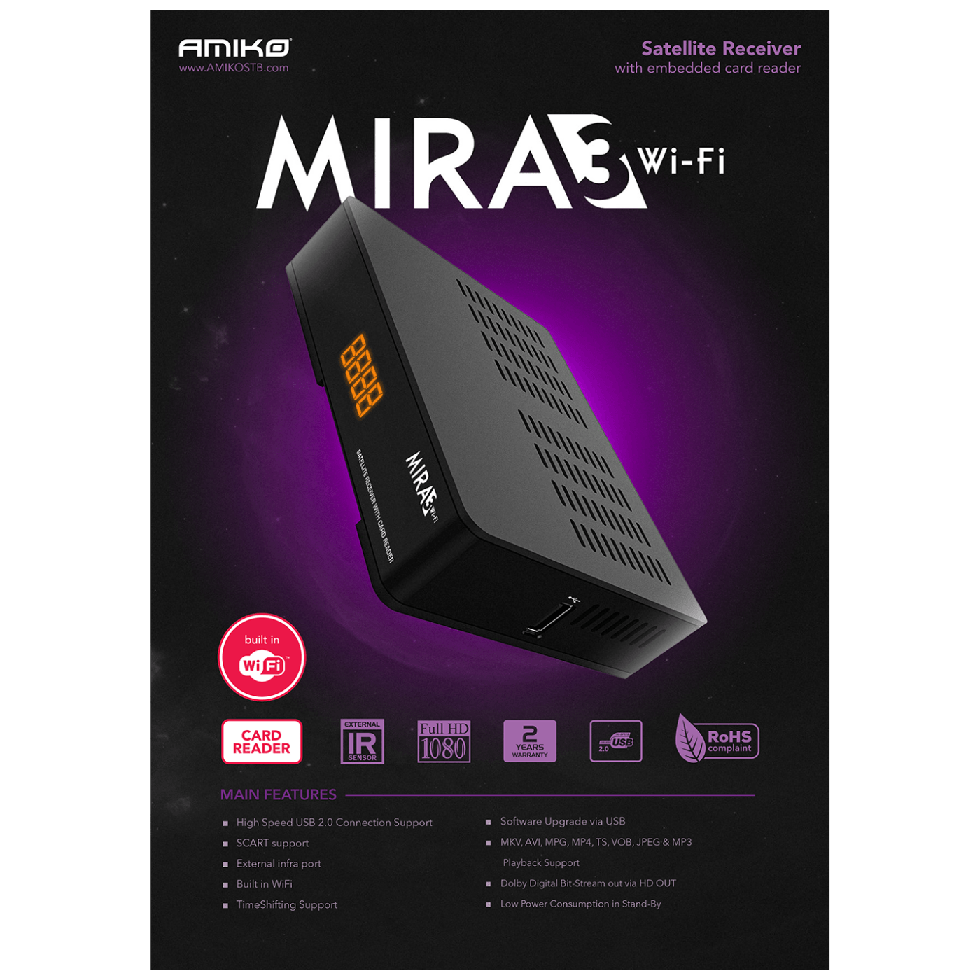Amiko Prijemnik satelitski, DVB-S/S2, Full HD, USB, WiFi - MIRA3 WIFI
