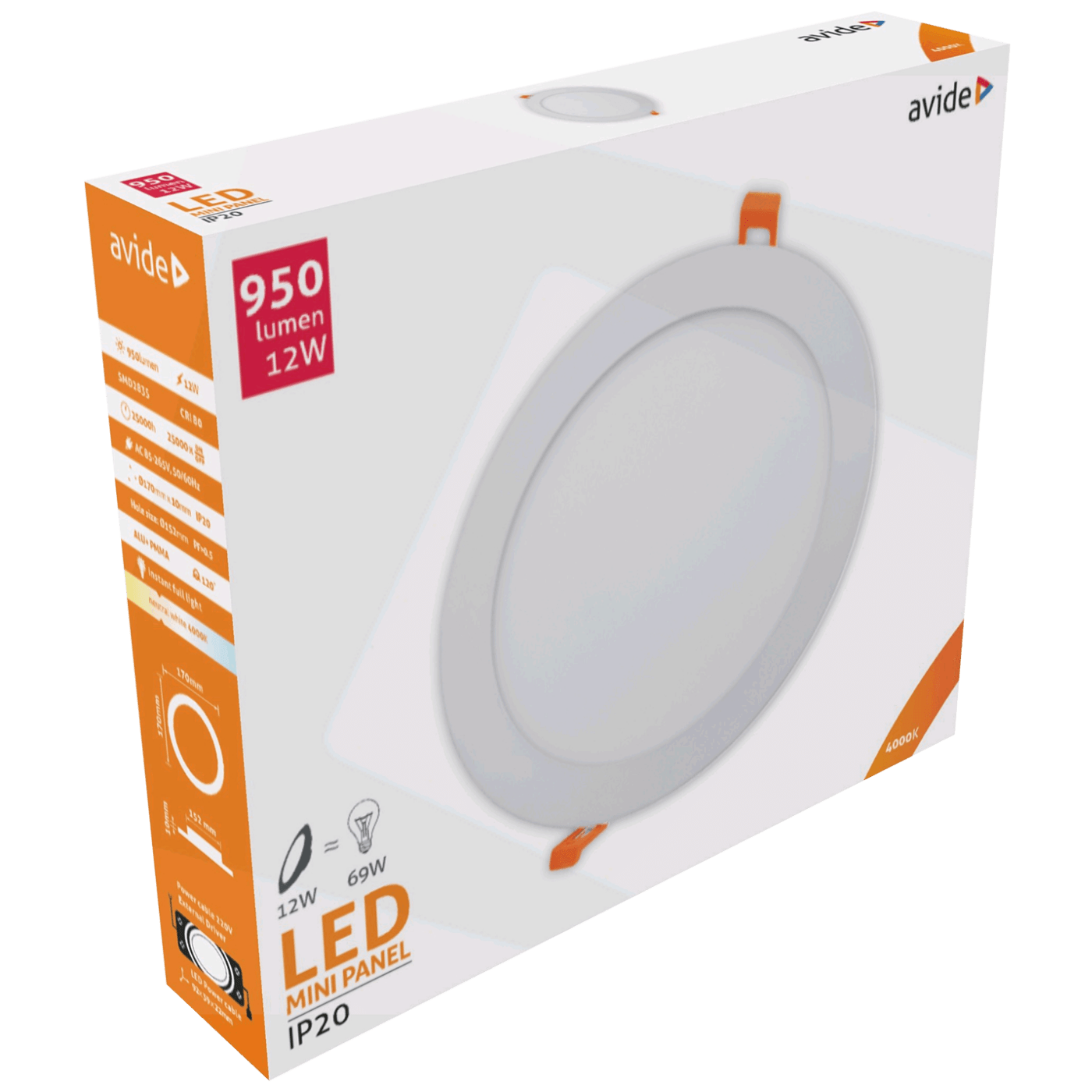 Avide Plafonjera LED, ugradna, 12W, 950 lm, 4000K, IP20 - ACRPNW-R-12W-ALU