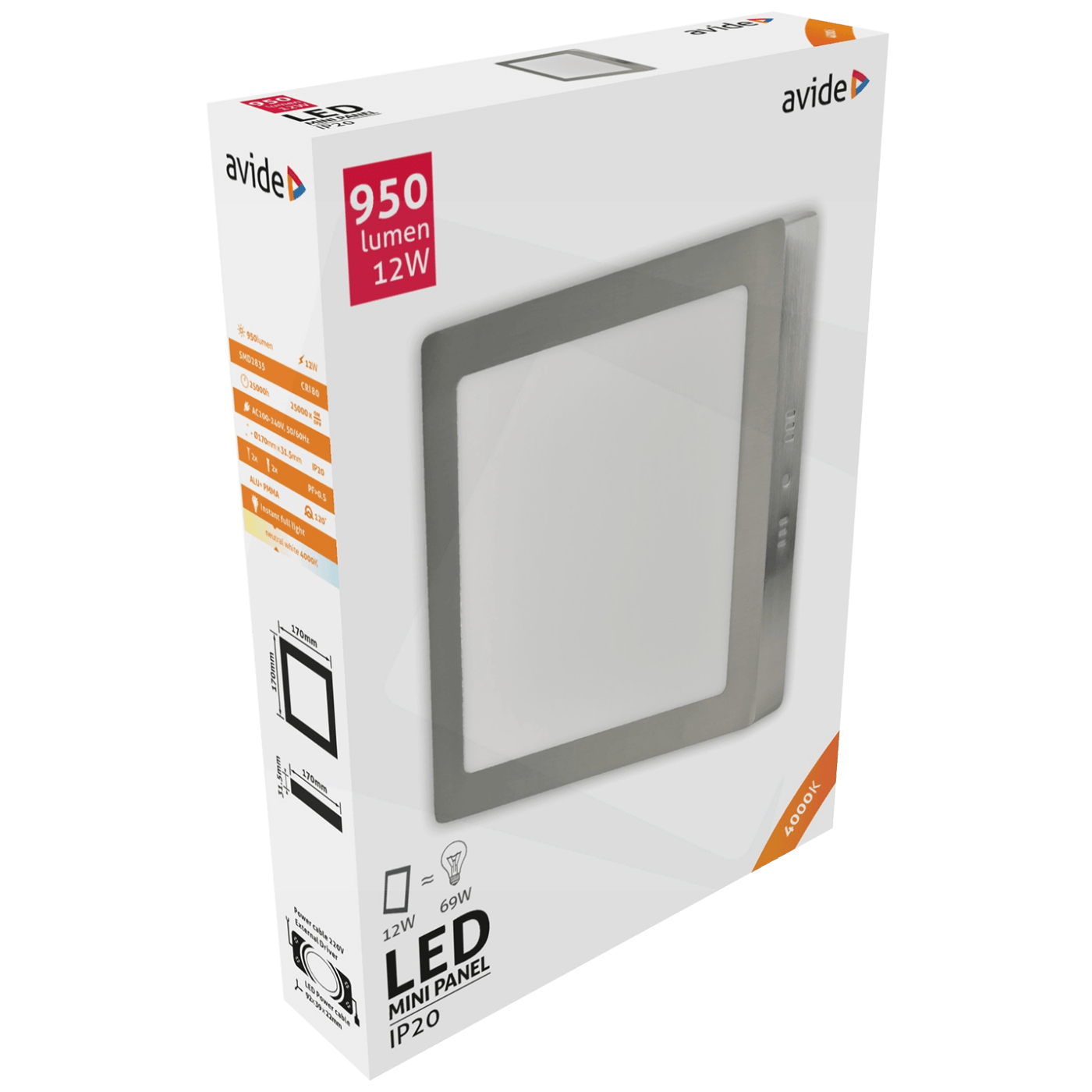 Avide Plafonjera LED, 12W, 950 lm, 4000K, IP20 - ACSMNW-S-12W-ALU-SN