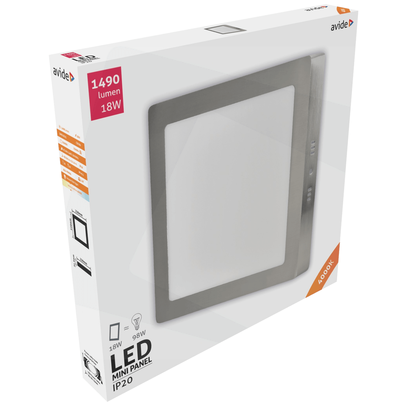 Avide Plafonjera LED, 18W, 1490 lm, 4000K, IP20 - ACSMNW-S-18W-ALU-SN