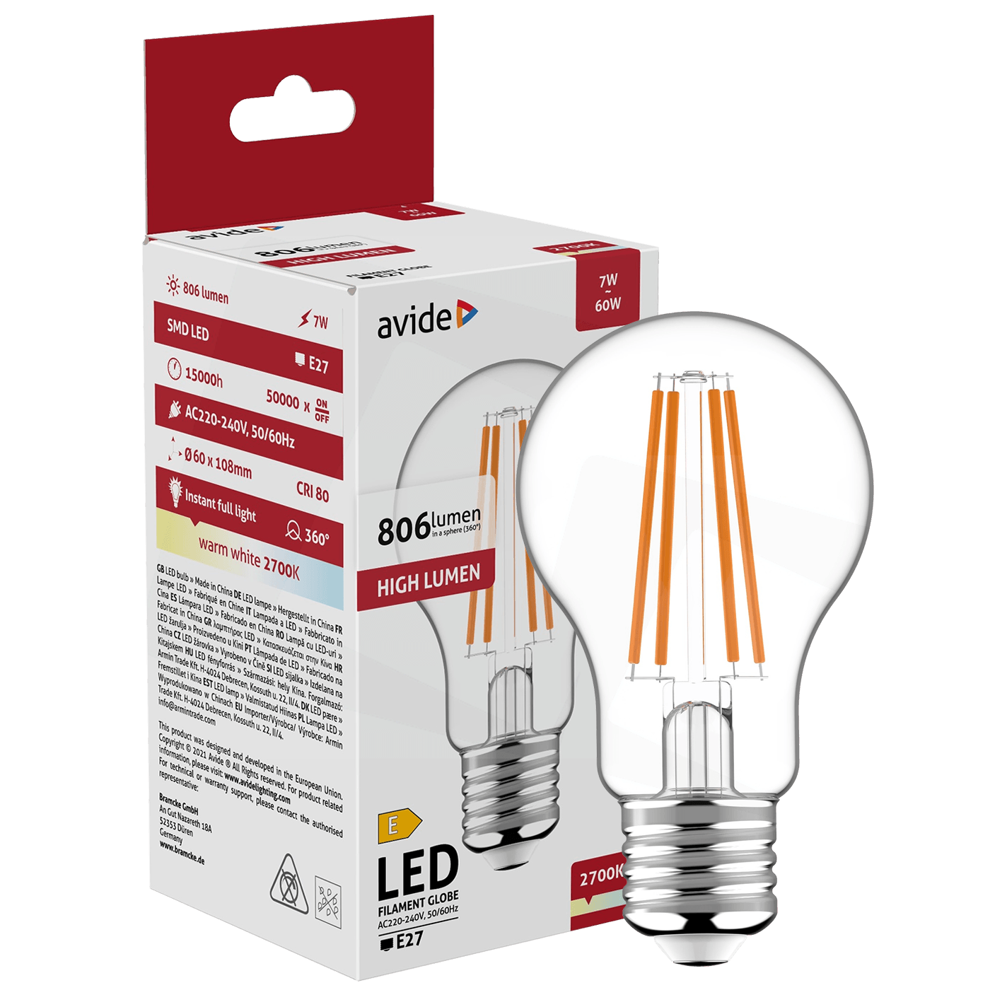 Avide Sijalica, LED 7W, E27, 2700K, 360°, 230V AC - Globe 7W E27