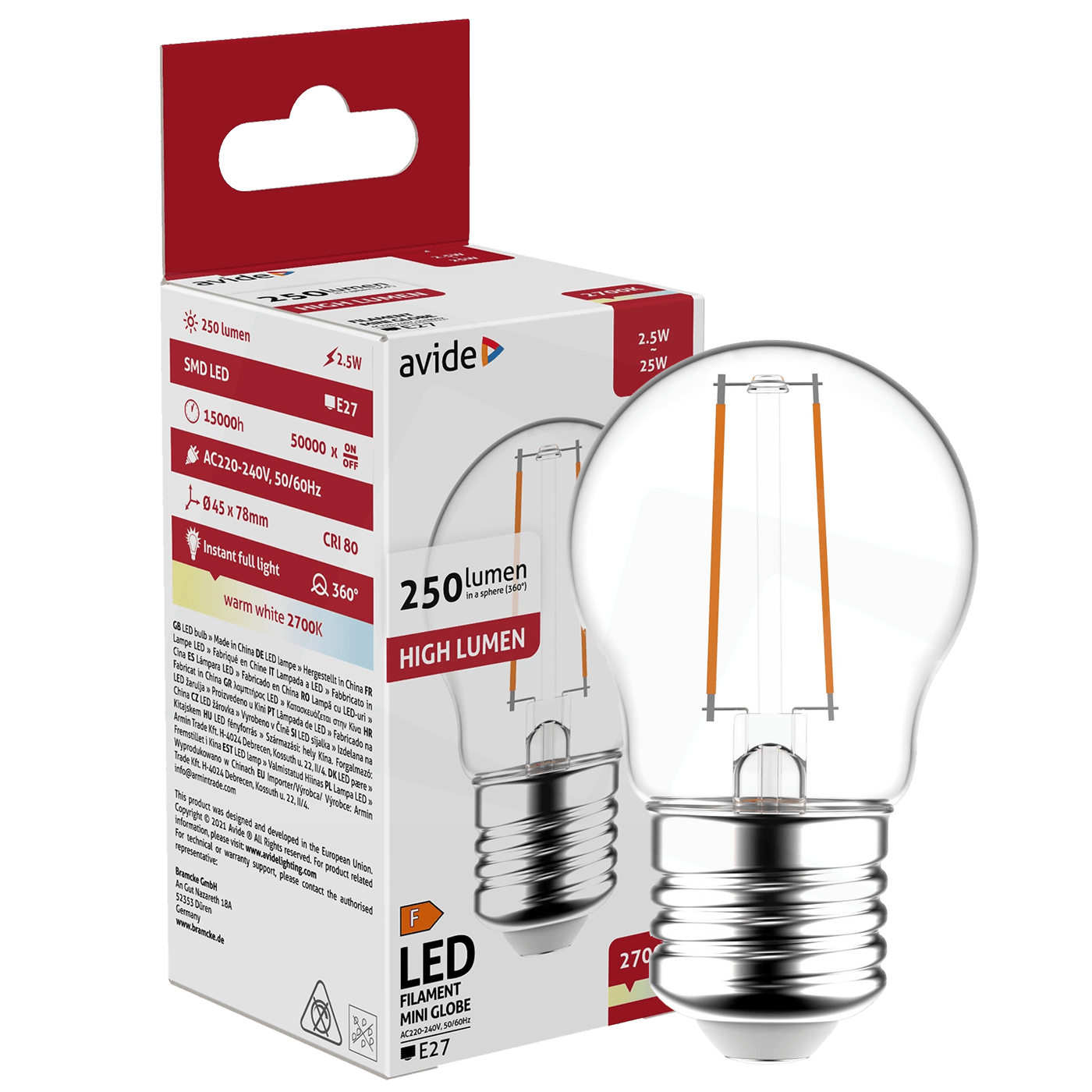 Avide Sijalica, LED 2.5W, E27, 2700K, 360°, 230V AC - Mini Globe 2.5W E27