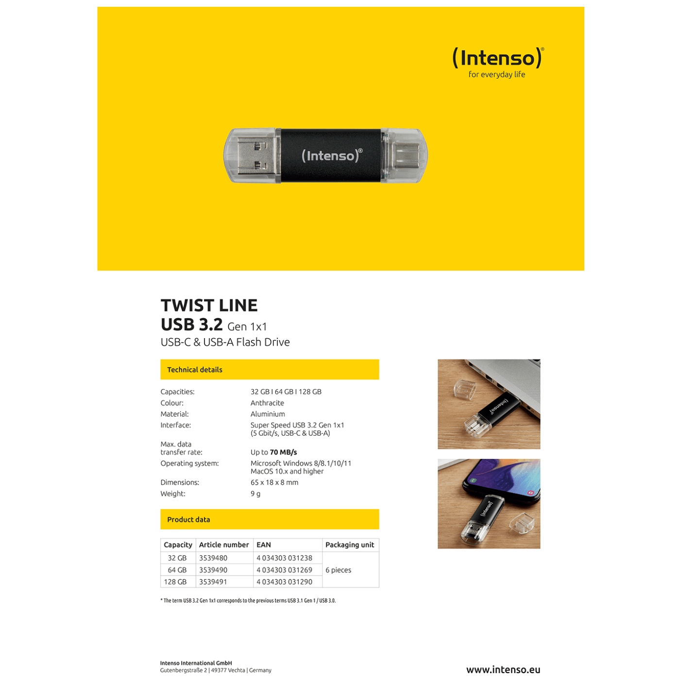 (Intenso) USB Flash drive 64GB, USB 3.2, USB-C, USB-A, Twist Line - USB3.2-64GB/Twist Line