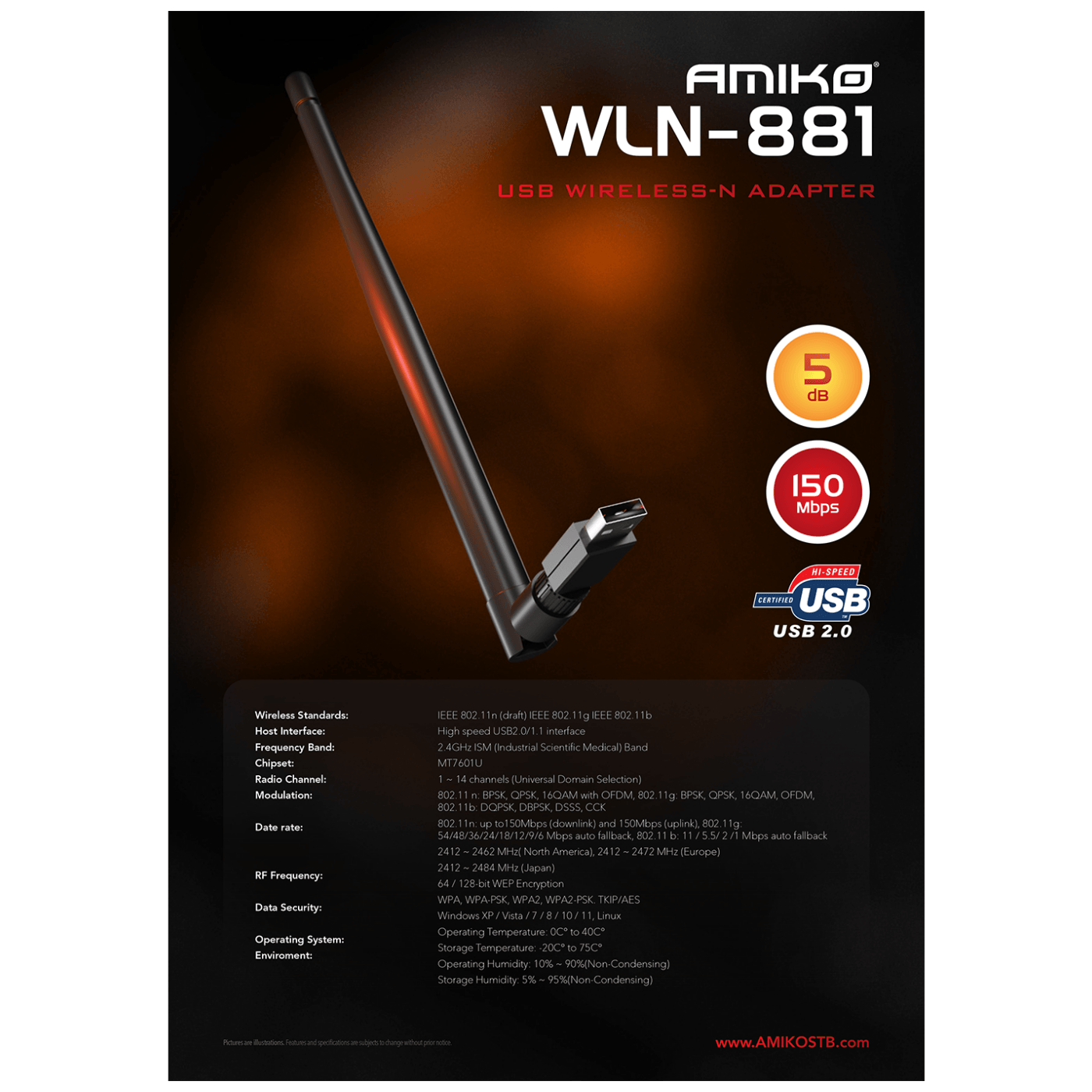 Amiko Wi-Fi mrežna kartica, USB, 2.4 GHz, 5 dB, 150 Mbps - WLN-881