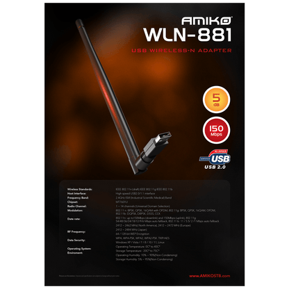 Amiko Wi-Fi mrežna kartica, USB, 2.4 GHz, 5 dB, 150 Mbps - WLN-881