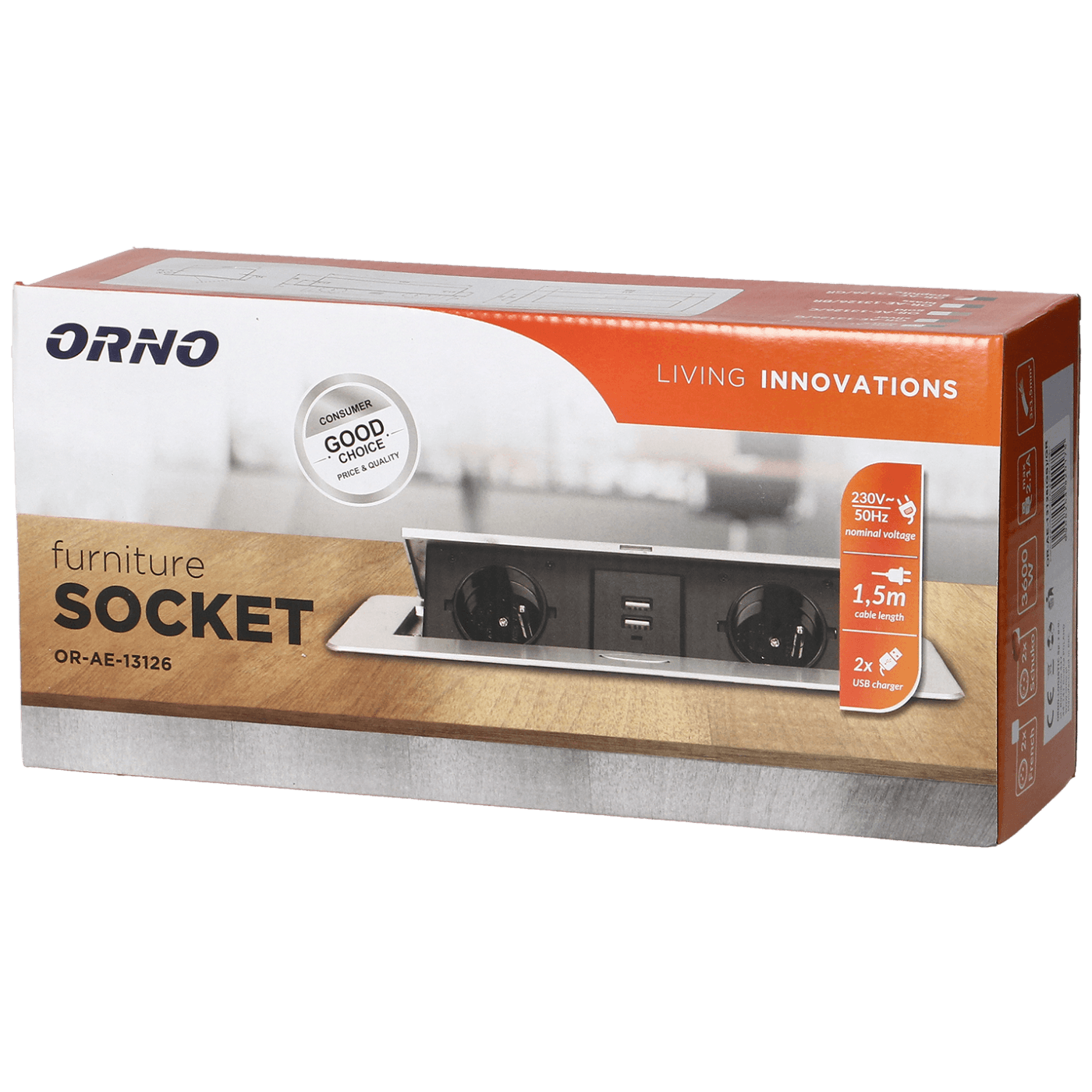 Orno Produžni kabel sa 2 x Schuko utičnice + 2 x USB, ugradbena - OR-AE-13126(GS)/GR