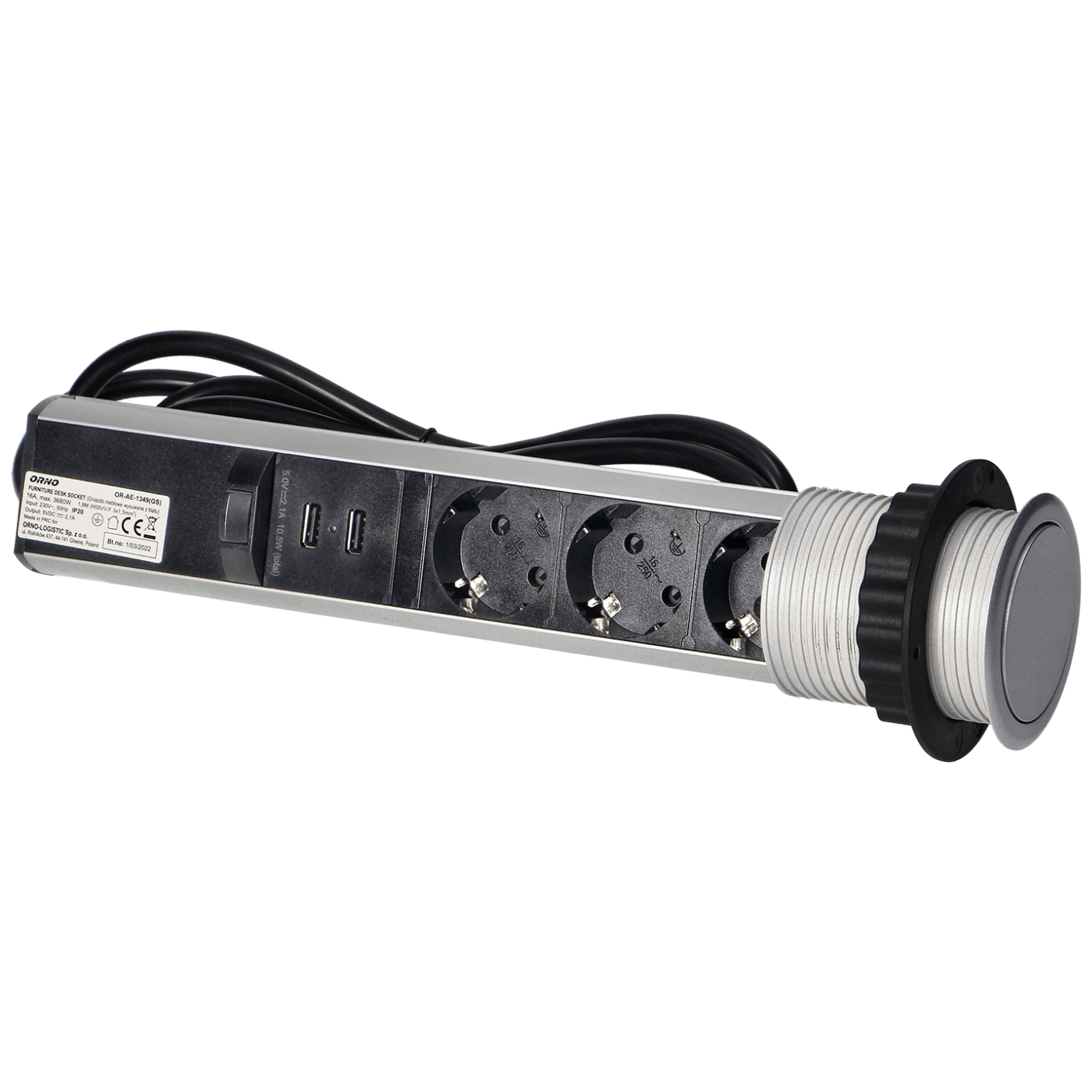 Orno Produžni kabel sa 3 x Schuko utičnice + 2 x USB, ugradbena - OR-AE-1349(GS)