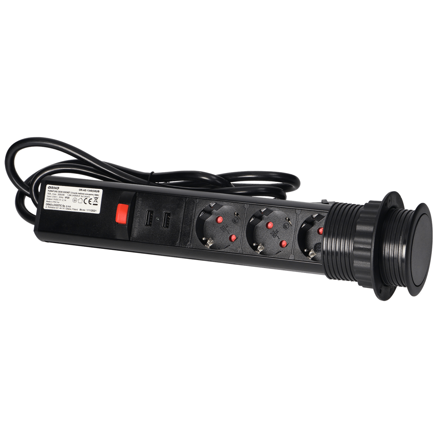 Orno Produžni kabel sa 3 x Schuko utičnice + 2 x USB, ugradbena - OR-AE-1349(GS)/B