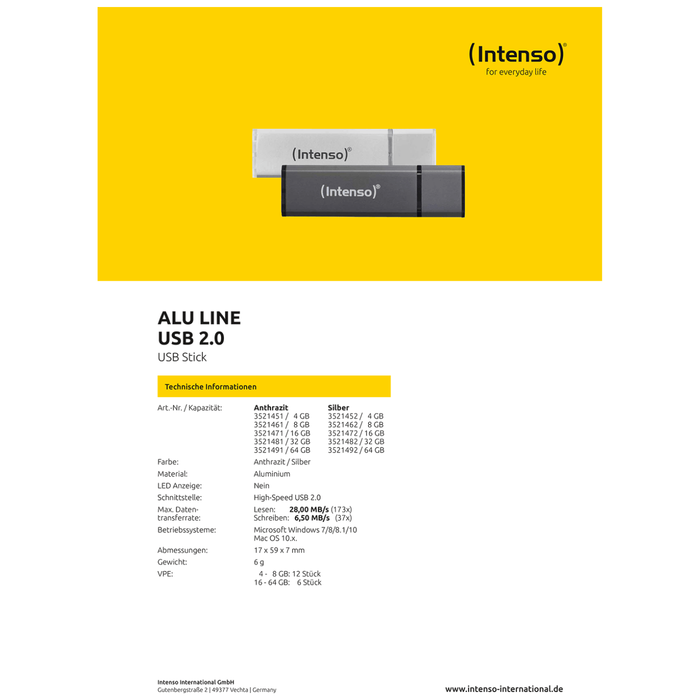 (Intenso) USB Flash drive 64GB Hi-Speed USB 2.0, ALU Line - USB2.0-64GB/Alu-a