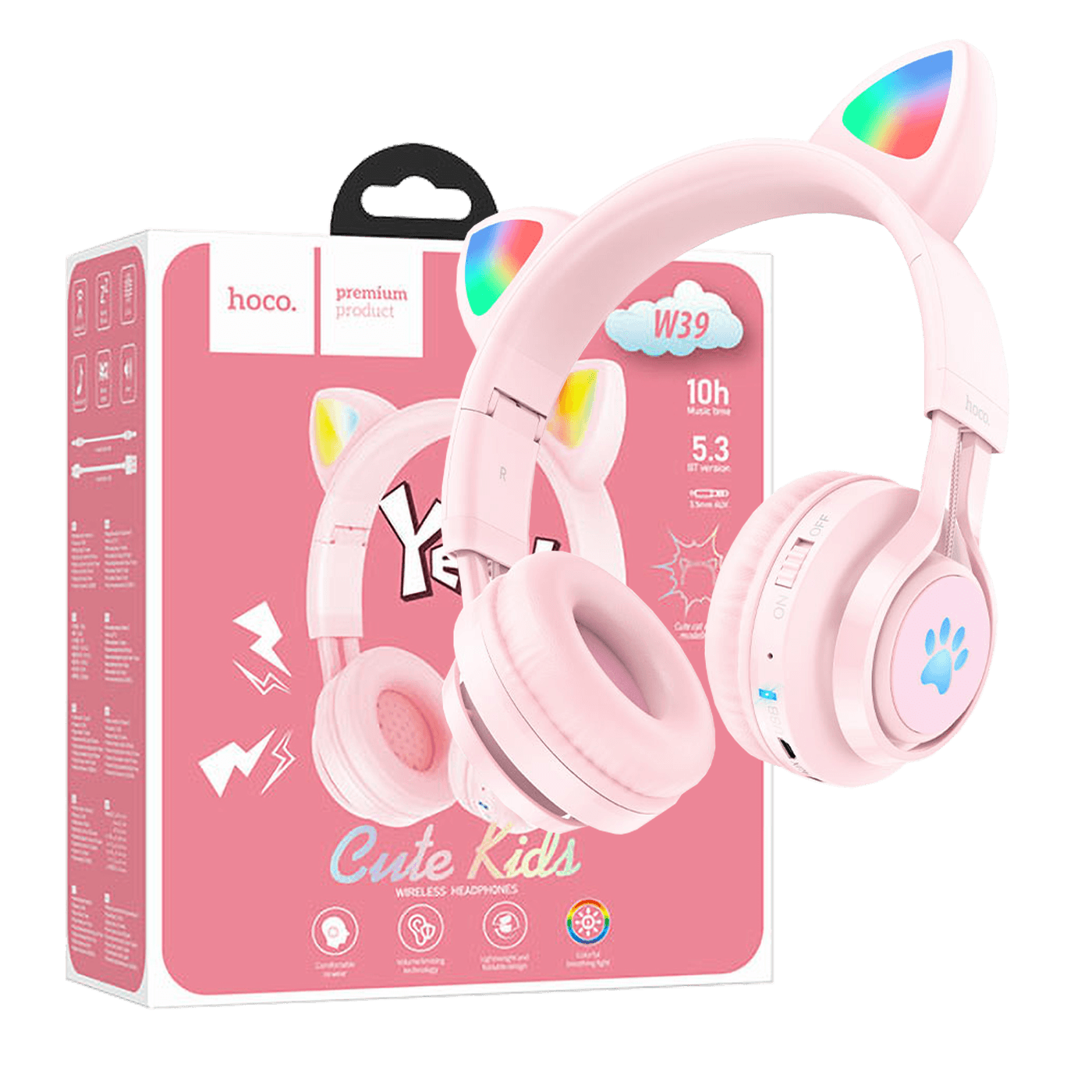 hoco. Slušalice bežične sa mikrofonom, Bluetooth, mačje uši, pink - W39 slušalice Mačje uši,Pink