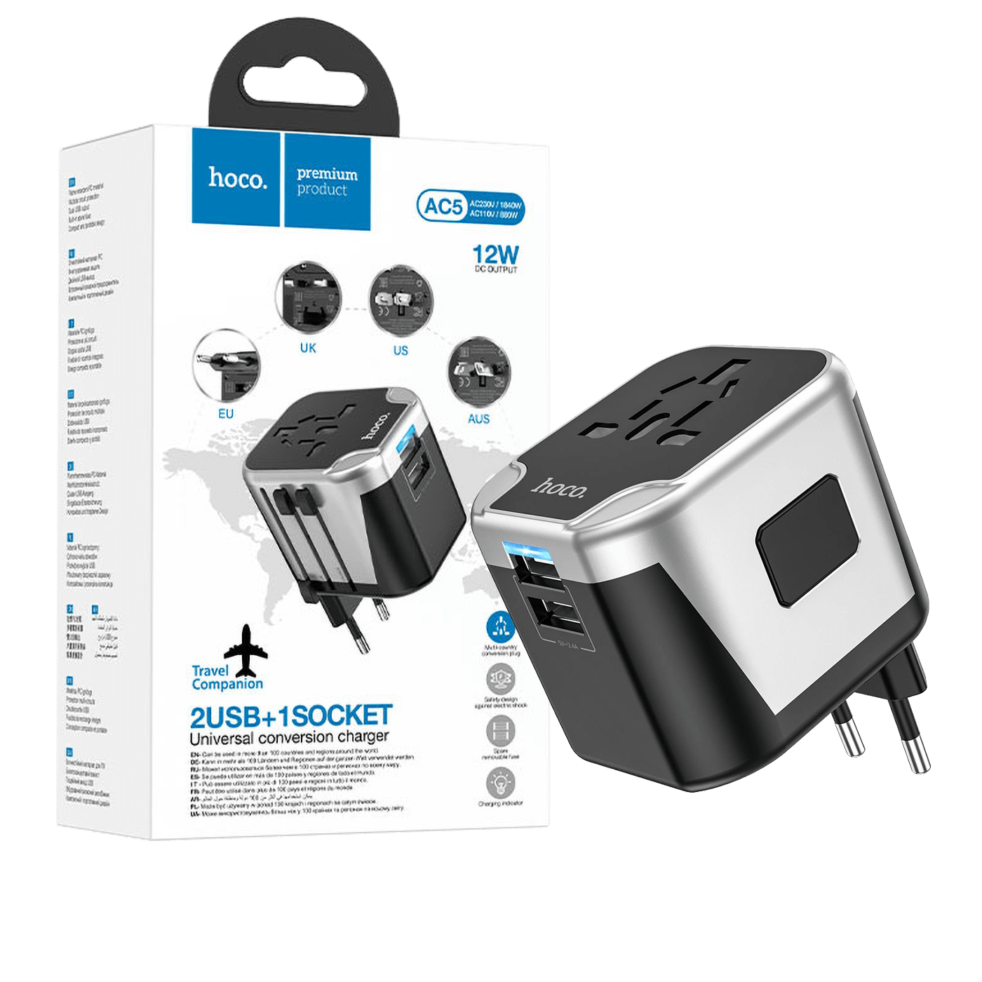 hoco. Punjač kučni, univerzalni, EU/UK/US/AU, 2 x USB,2.4 A - AC5 Level