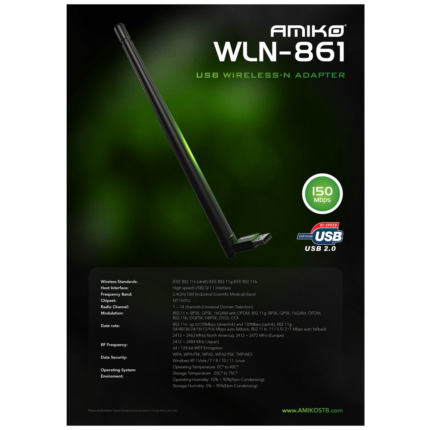 Amiko Wi-Fi mrežna kartica, USB, 2.4 GHz, 150 Mbps - WLN-861