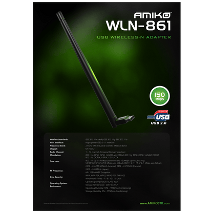 Amiko Wi-Fi mrežna kartica, USB, 2.4 GHz, 150 Mbps - WLN-861